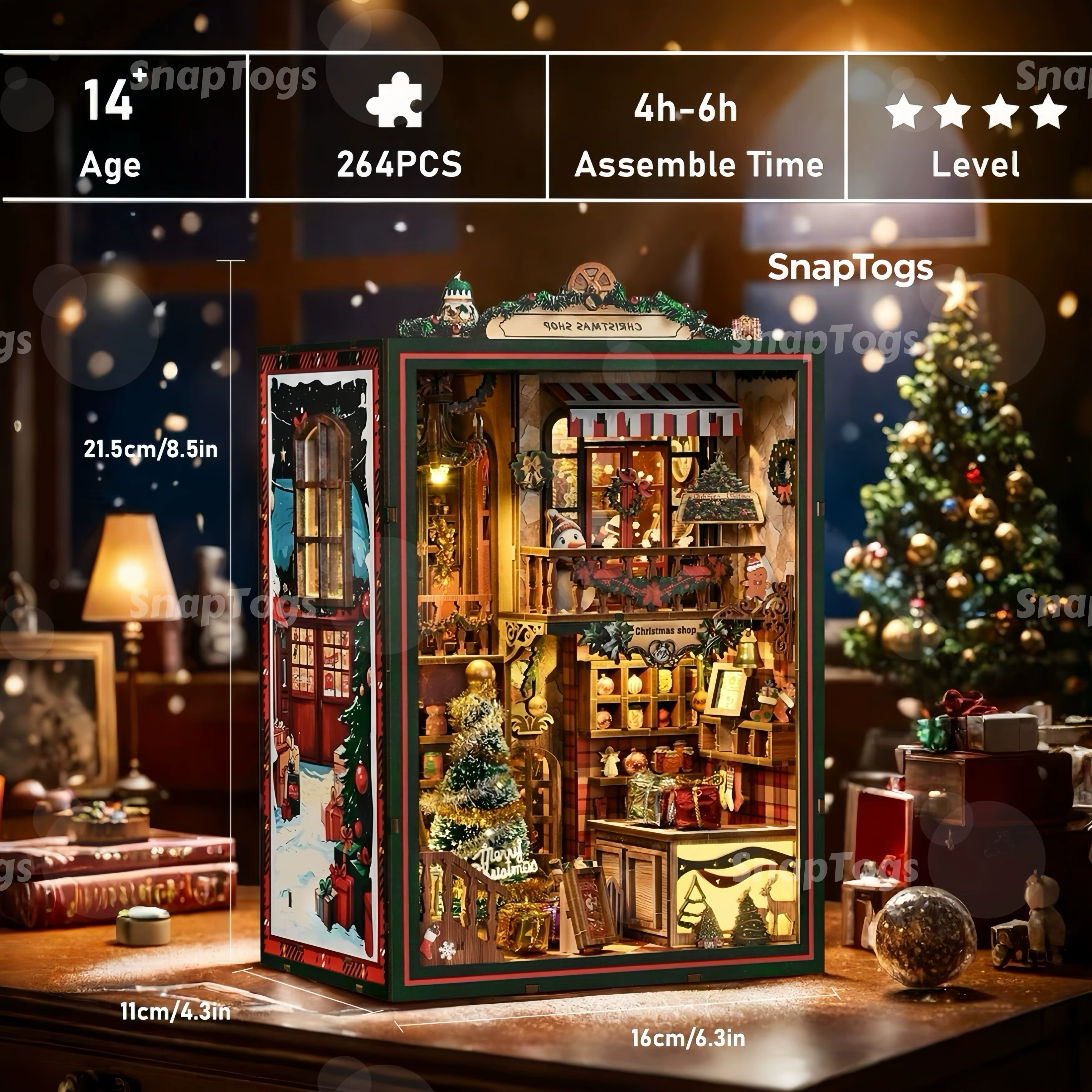 SnapTogs Christmas Shop DIY Miniature House Kit Music Box Singing & Spinning Booknook Dollhouse Handcrafted Home Xmas Scene Gift