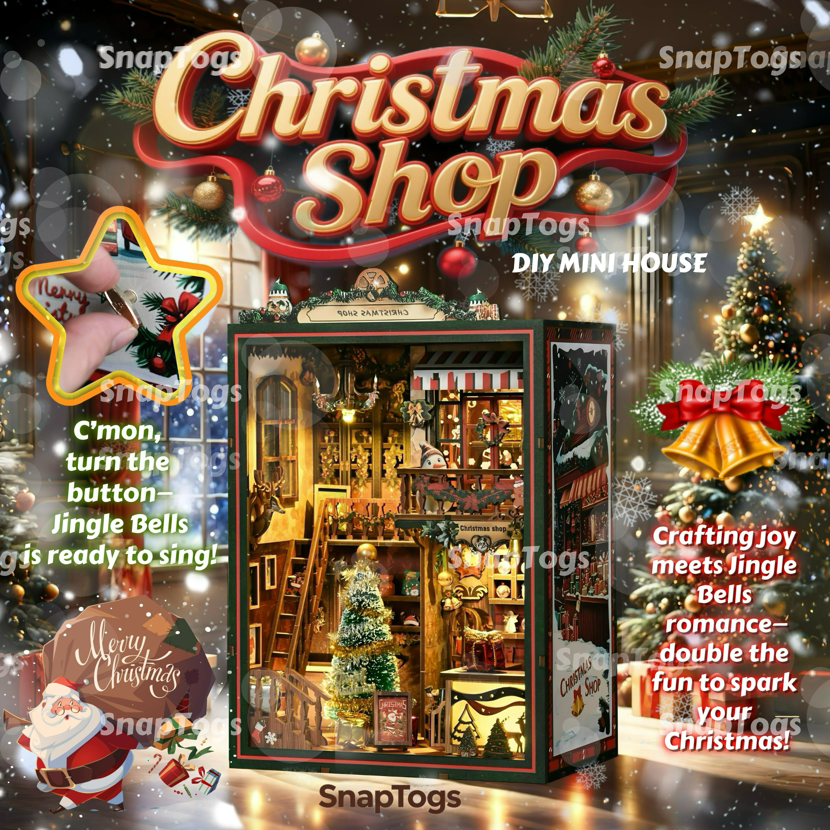 SnapTogs Christmas Shop DIY Miniature House Kit Music Box Singing & Spinning Booknook Dollhouse Handcrafted Home Xmas Scene Gift