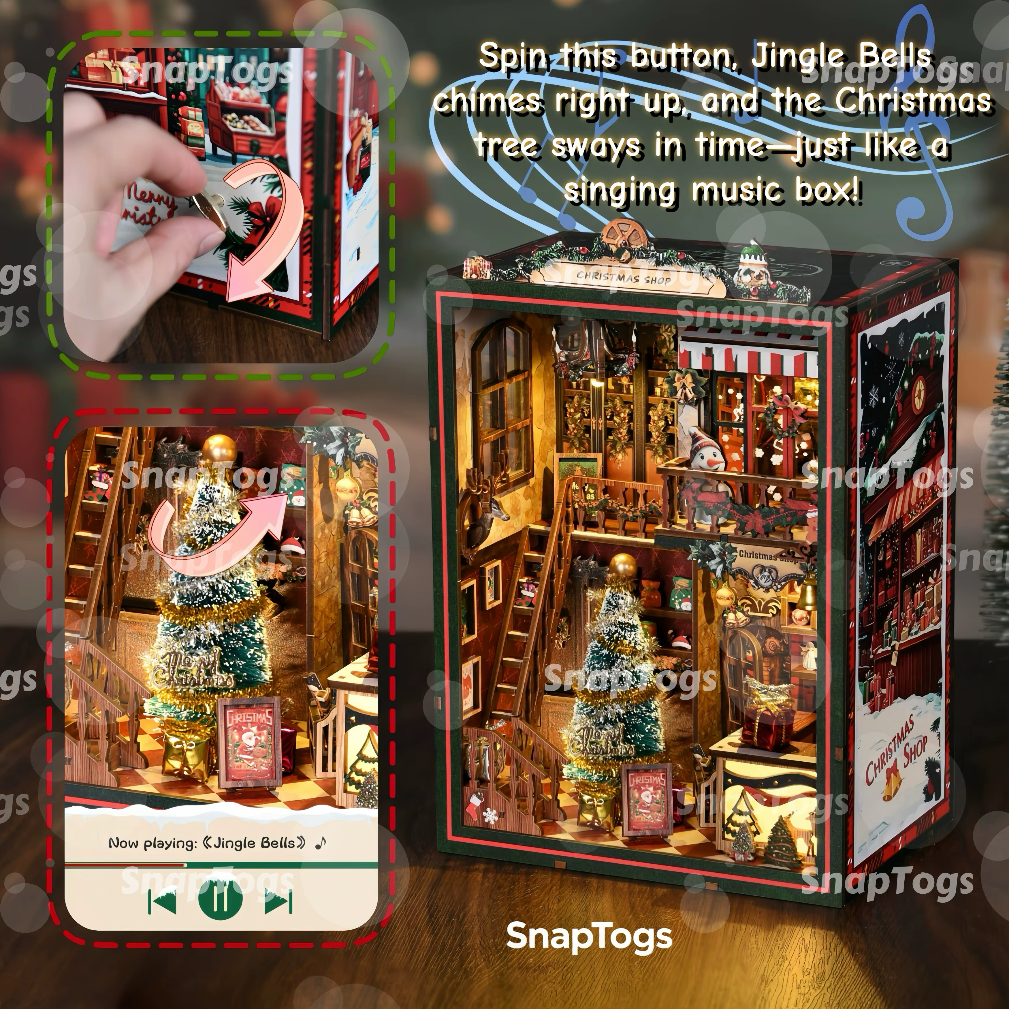 SnapTogs Christmas Shop DIY Miniature House Kit Music Box Singing & Spinning Booknook Dollhouse Handcrafted Home Xmas Scene Gift