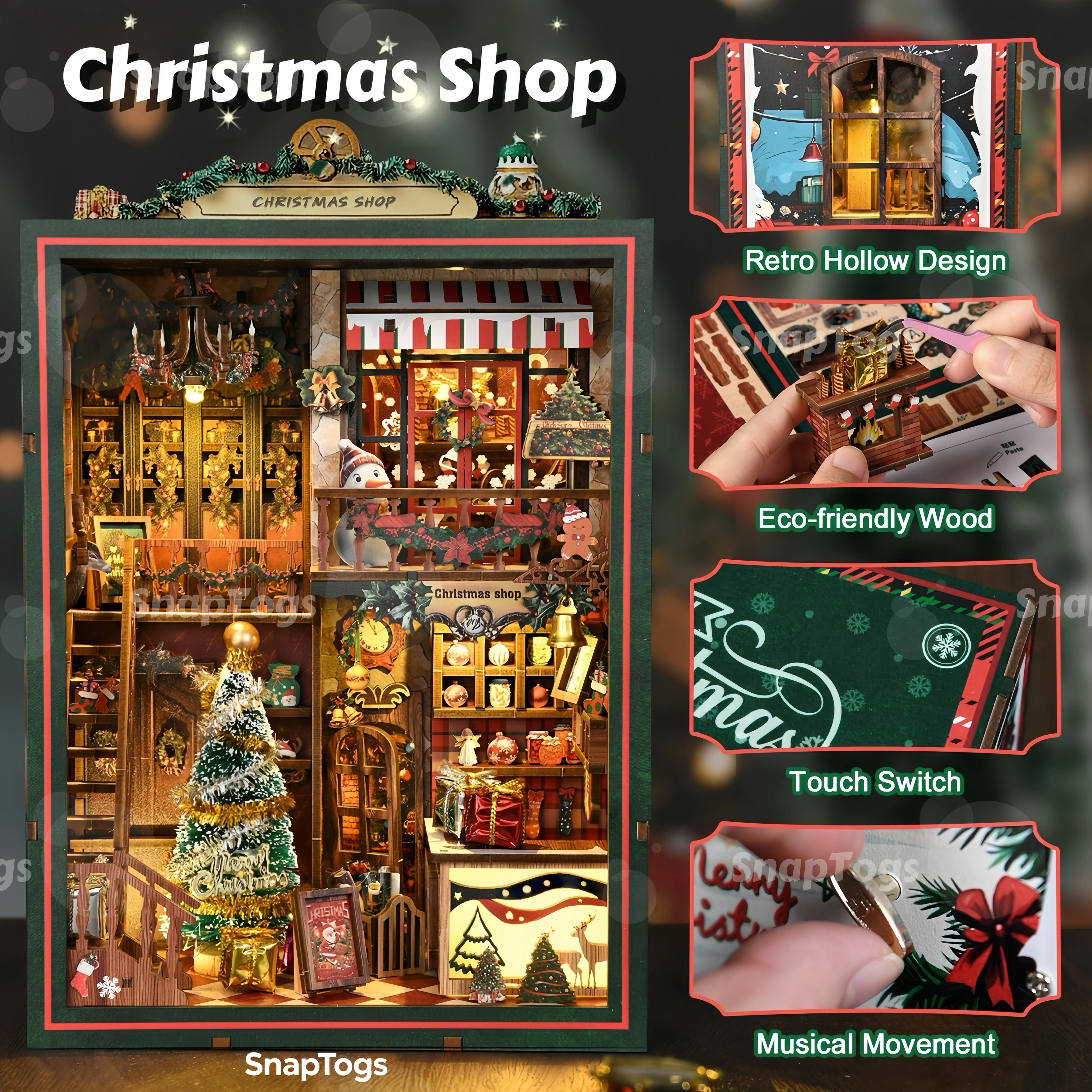 SnapTogs Christmas Shop DIY Miniature House Kit Music Box Singing & Spinning Booknook Dollhouse Handcrafted Home Xmas Scene Gift
