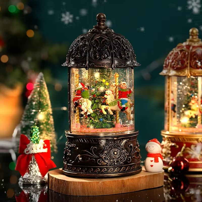 Christmas Xmas Shop Supplies Decoration Tree Cartoon Music Box Snow Crystal Carousel Ornament Ball Light Lamp