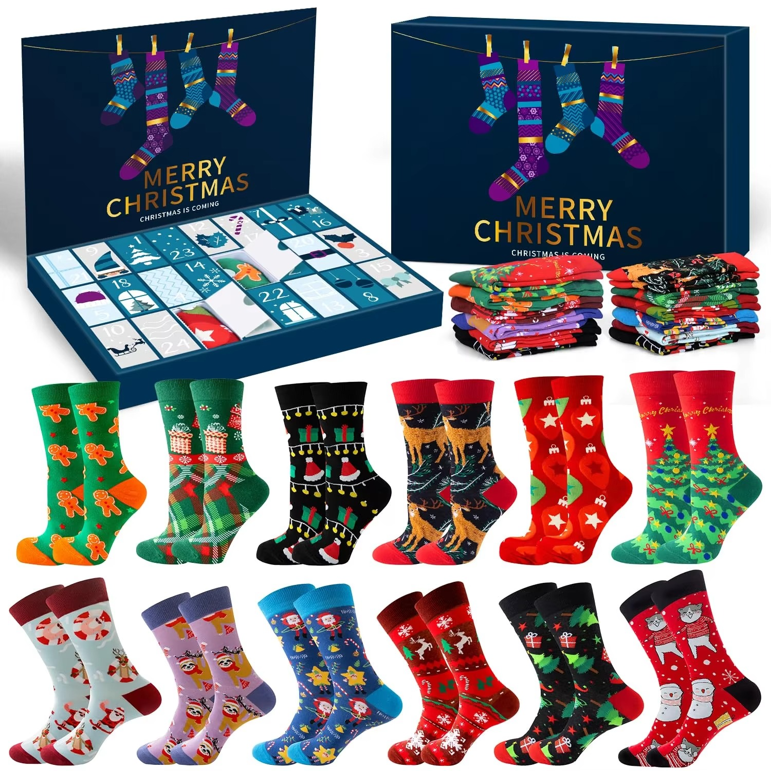 Socks Advent Calendar for Adults Men Women, 12 Pair of Christmas Crew Socks Funny Sock Countdown to 2025 Christmas, 24 Days Surp