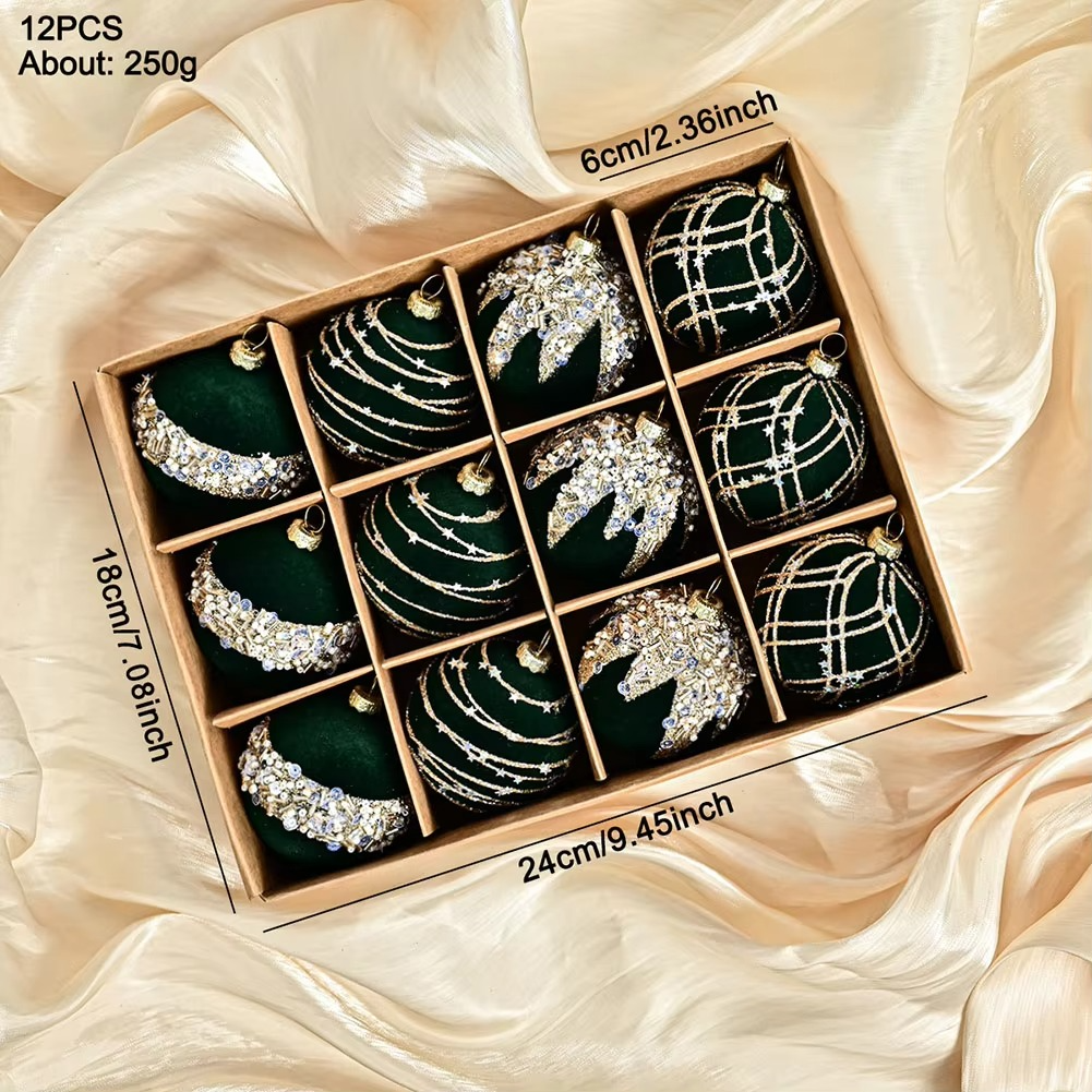 12pcs 6CM Christmas Pendant Drop Ornaments Premium Velvet Sequin Christmas Ball Window Hanging Festive Party Supplies New Years