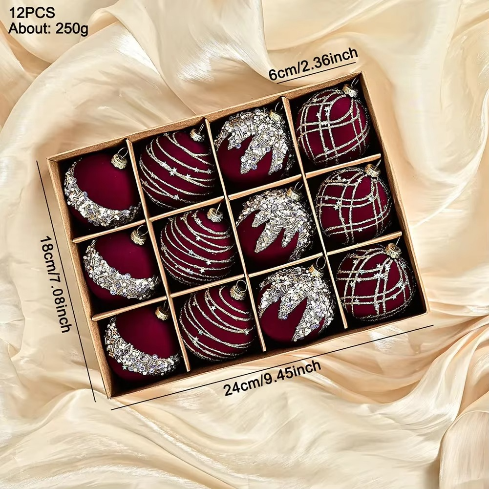 12pcs 6CM Christmas Pendant Drop Ornaments Premium Velvet Sequin Christmas Ball Window Hanging Festive Party Supplies New Years