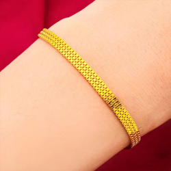 Flat Bracelet for Women, 24K Gold, AU999 | Embossed stripes with tiny diamonds, subtle glamour for work
