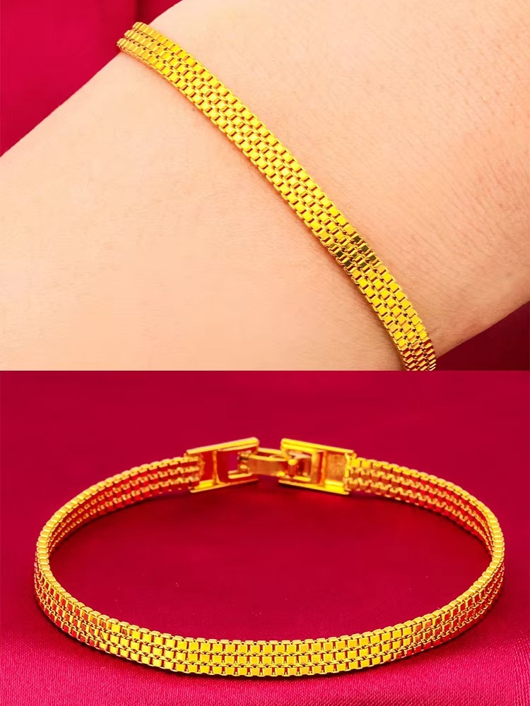 Flat Bracelet for Women, 24K Gold, AU999 | Embossed stripes with tiny diamonds, subtle glamour for work