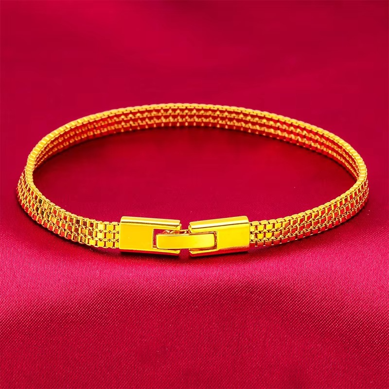 Flat Bracelet for Women, 24K Gold, AU999 | Embossed stripes with tiny diamonds, subtle glamour for work