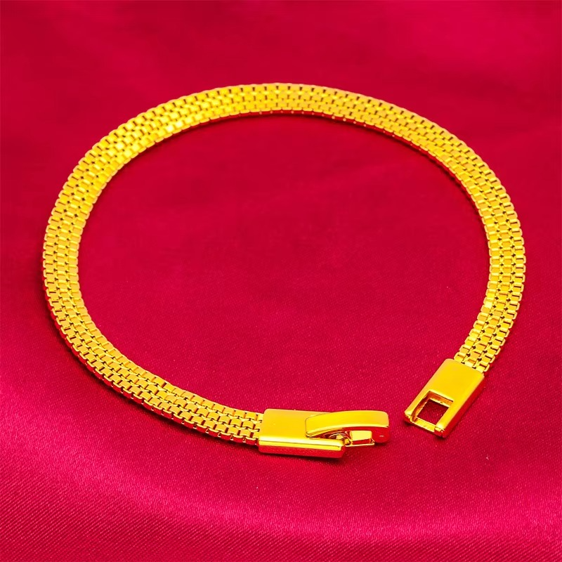 Flat Bracelet for Women, 24K Gold, AU999 | Embossed stripes with tiny diamonds, subtle glamour for work