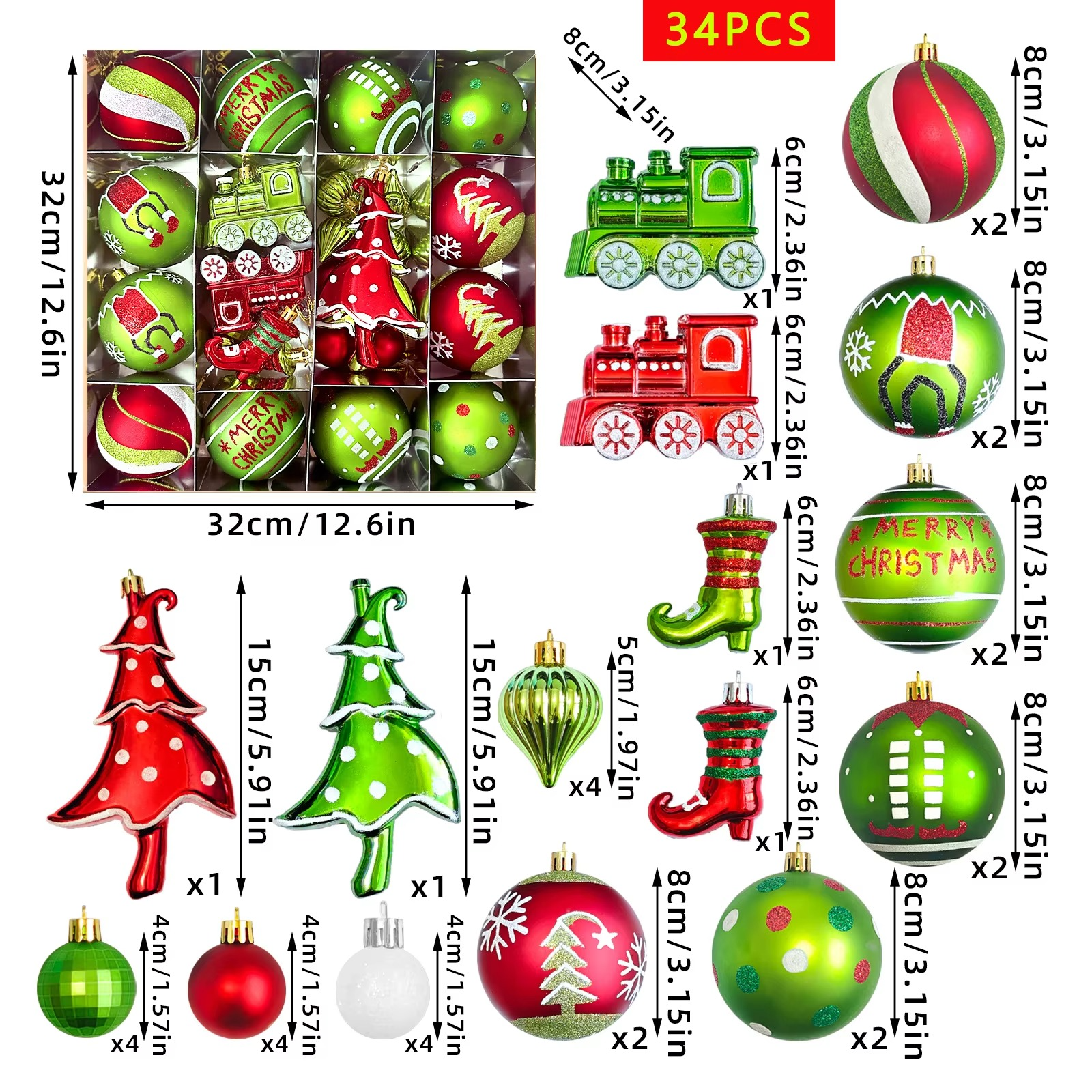 34PCS Grinch Them Painted Xmas Ornaments Red Green Christmas Ball Decorations Christmas Tree Ornament Set Holiday Home Decor