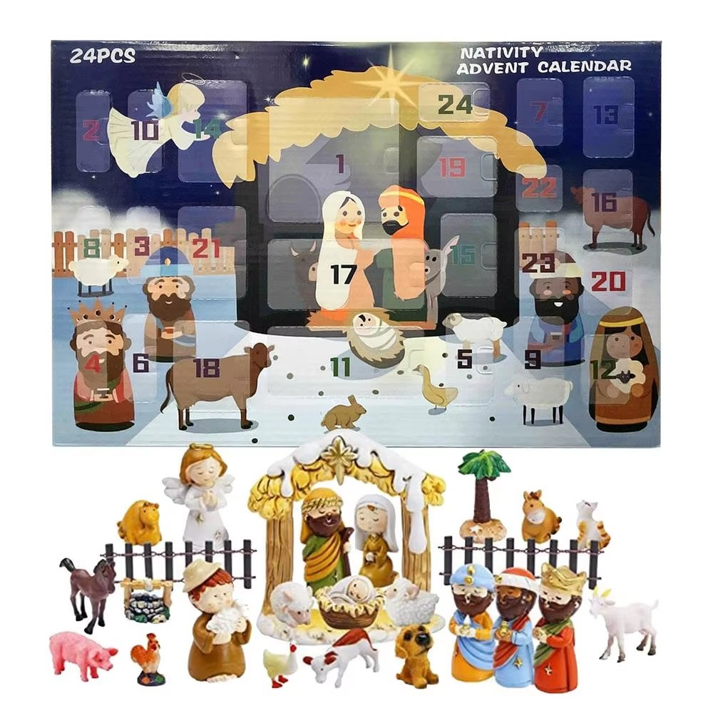 Christmas Nativity Advent Calendar 24 Days Countdown Gift Box with Jesus Figurine Model Holiday Decor