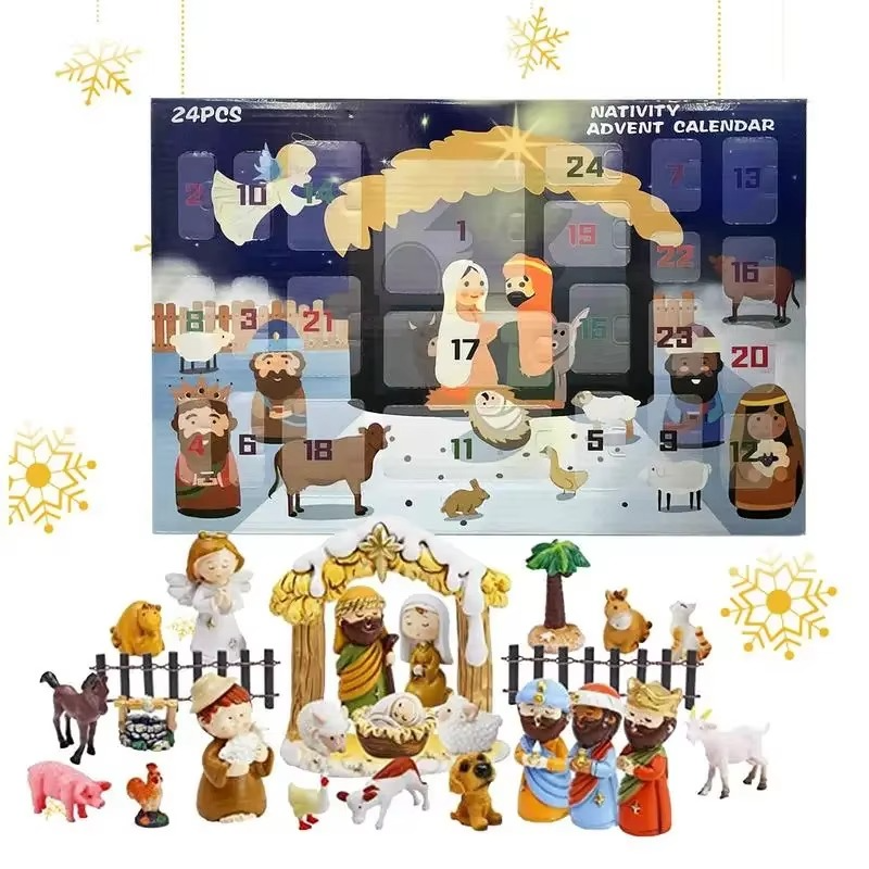 Christmas Nativity Advent Calendar 24 Days Countdown Gift Box with Jesus Figurine Model Holiday Decor