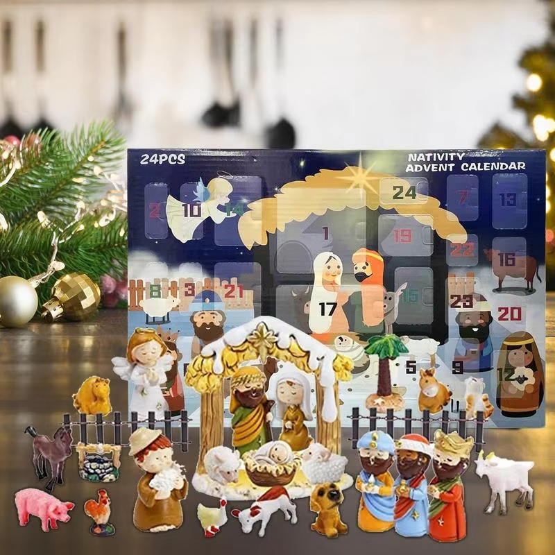 Christmas Nativity Advent Calendar 24 Days Countdown Gift Box with Jesus Figurine Model Holiday Decor