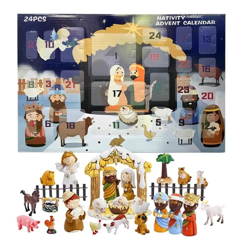 Christmas Nativity Advent Calendar 24 Days Countdown Gift Box with Jesus Figurine Model Holiday Decor