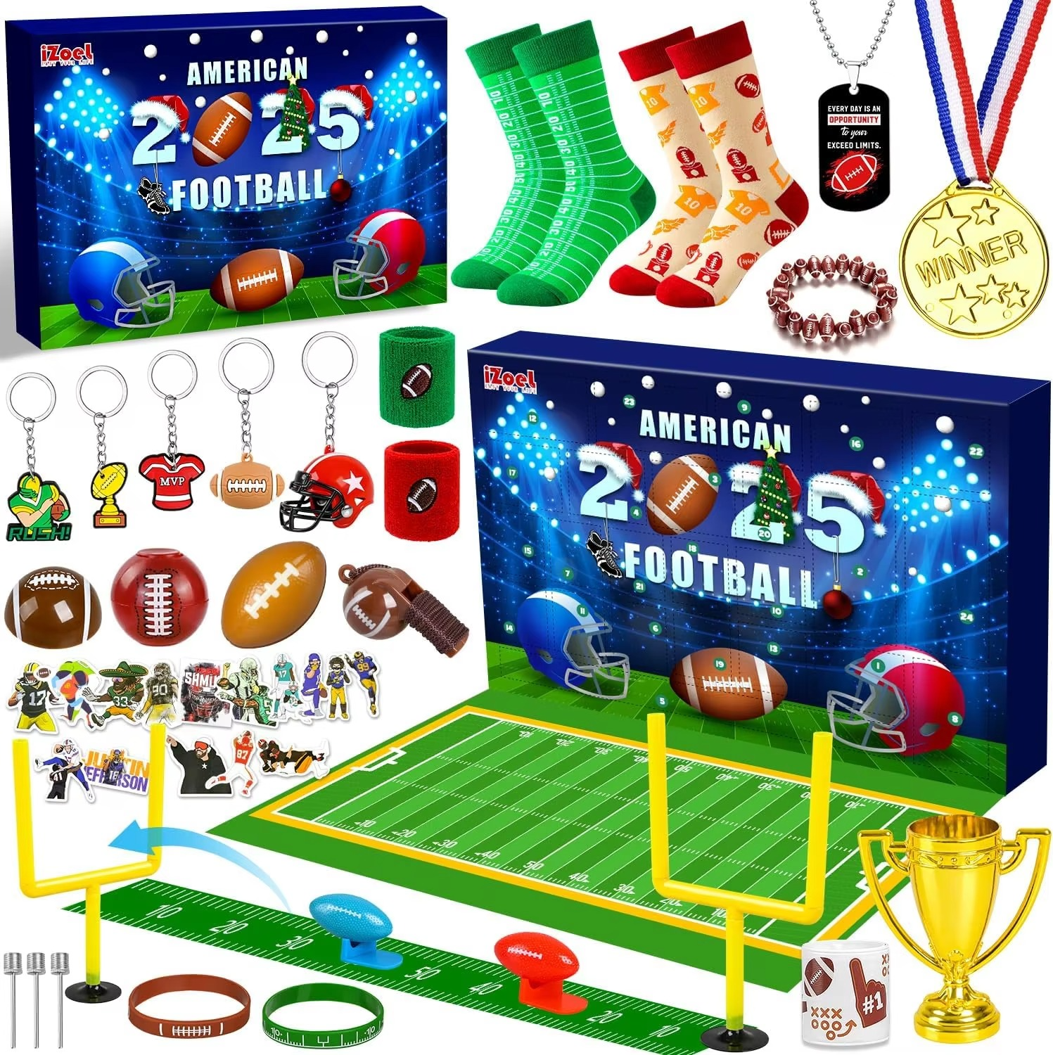 Football Advent Calendar 2025 for Kids – 24 Days of American Football-Themed Party Favors with Football Field, Christmas Countd
