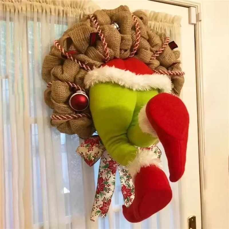 17.72inch Christmas Thief Wreath,Christmas Elf Leg Wreath, Christmas Burlap Wreath, Holiday Decoration