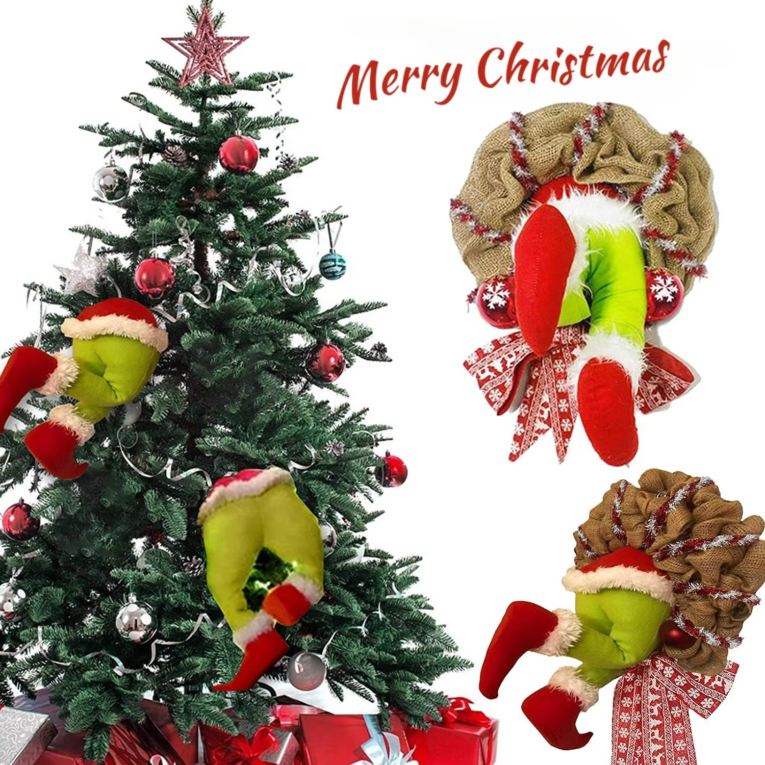 17.72inch Christmas Thief Wreath,Christmas Elf Leg Wreath, Christmas Burlap Wreath, Holiday Decoration