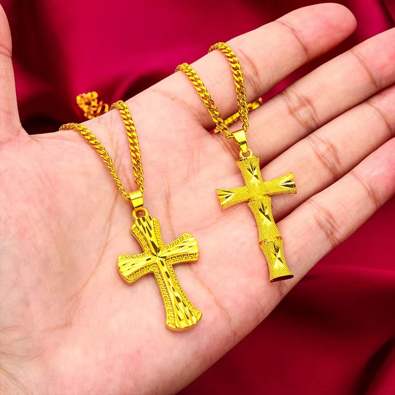 24K real gold 9999 yellow gold Men's Cross Necklace Unisex Chain