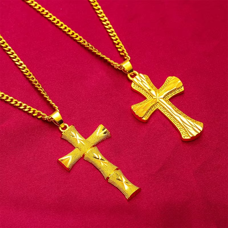 24K real gold 9999 yellow gold Men's Cross Necklace Unisex Chain