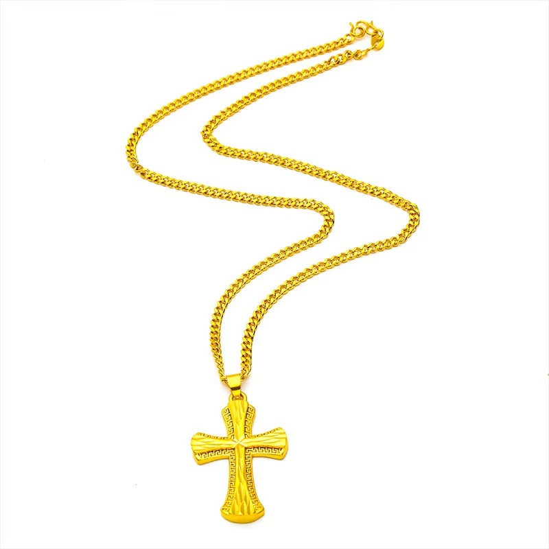 24K real gold 9999 yellow gold Men's Cross Necklace Unisex Chain