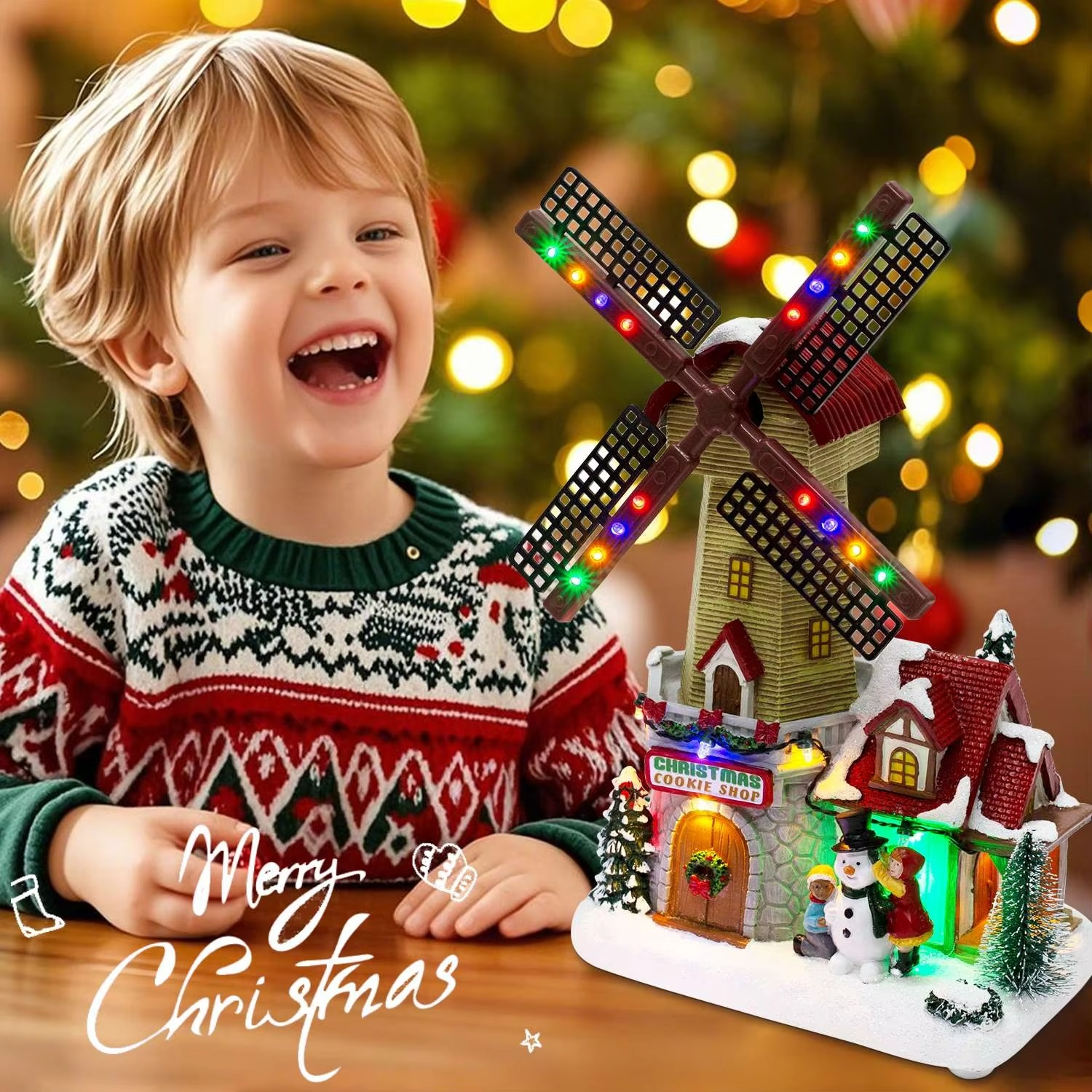 Animated Winter Christmas Windmill Village Decor Pre-Lit Collectible Building Scene Musical Indoor Holiday Table Home Ornament