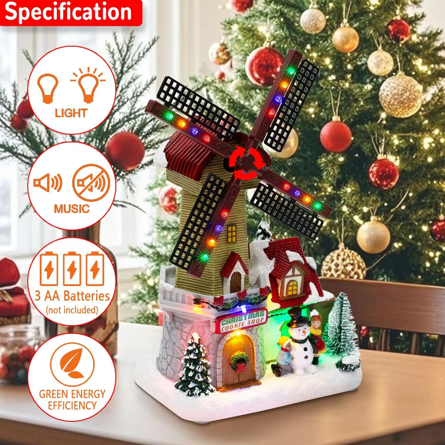 Animated Winter Christmas Windmill Village Decor Pre-Lit Collectible Building Scene Musical Indoor Holiday Table Home Ornament