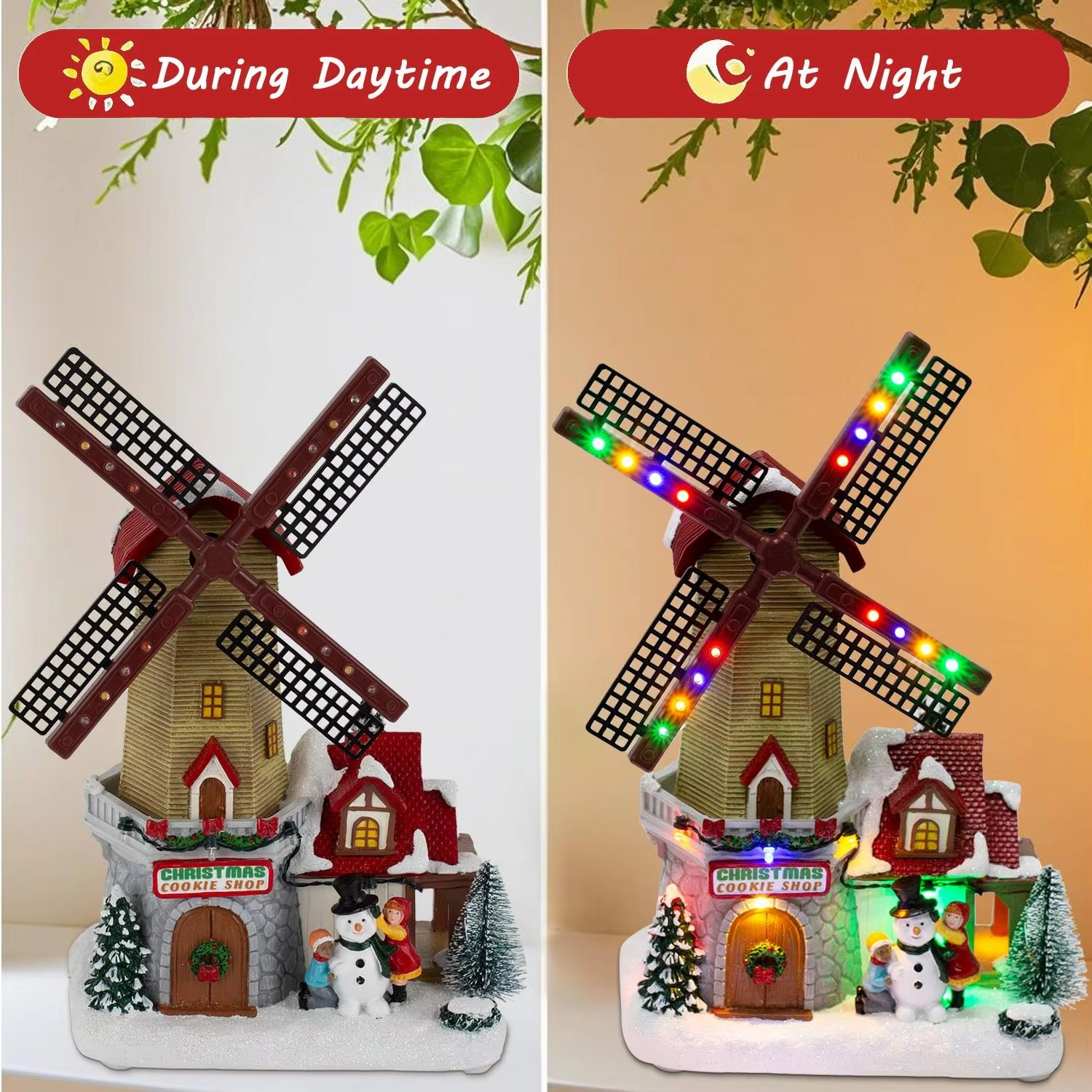 Animated Winter Christmas Windmill Village Decor Pre-Lit Collectible Building Scene Musical Indoor Holiday Table Home Ornament
