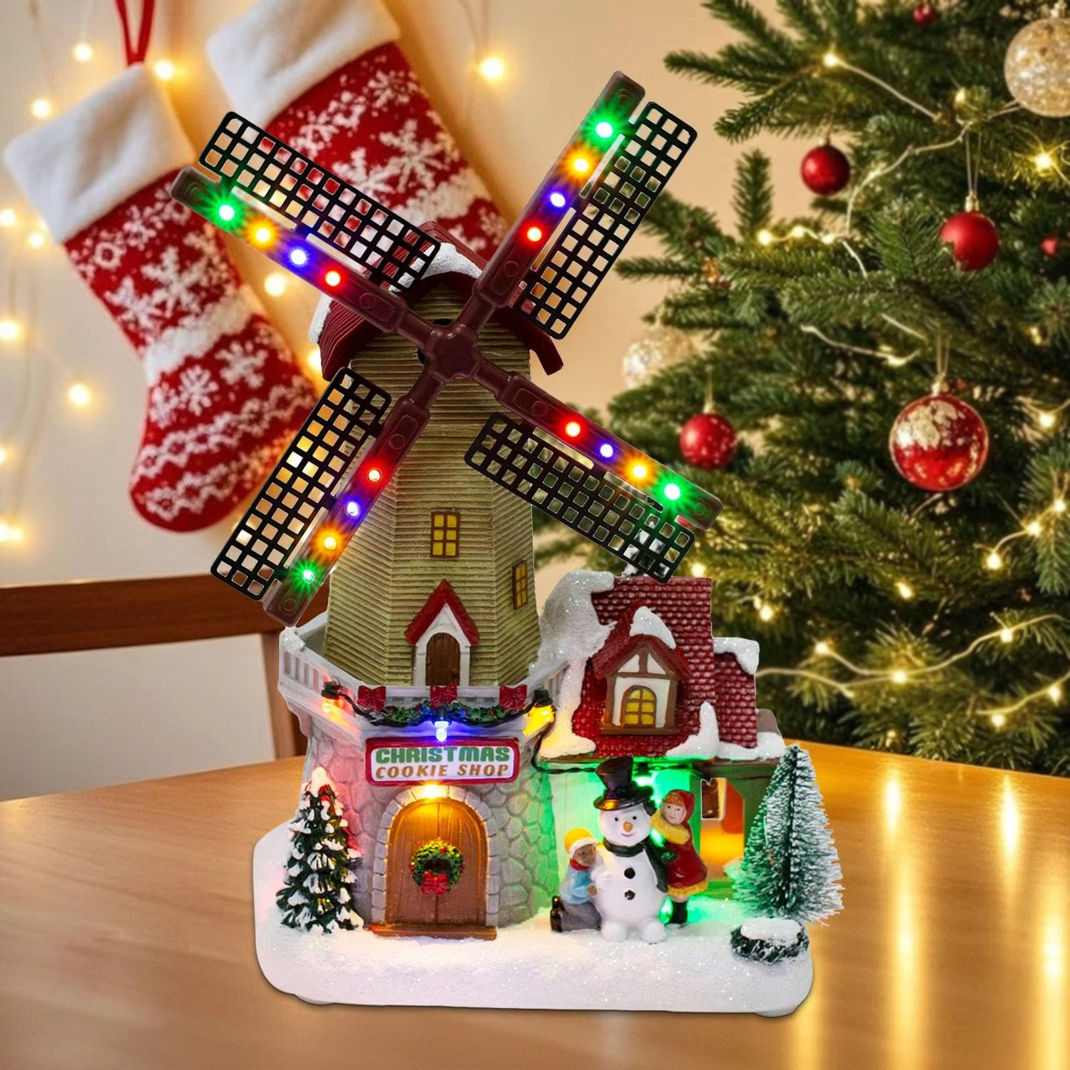 Animated Winter Christmas Windmill Village Decor Pre-Lit Collectible Building Scene Musical Indoor Holiday Table Home Ornament
