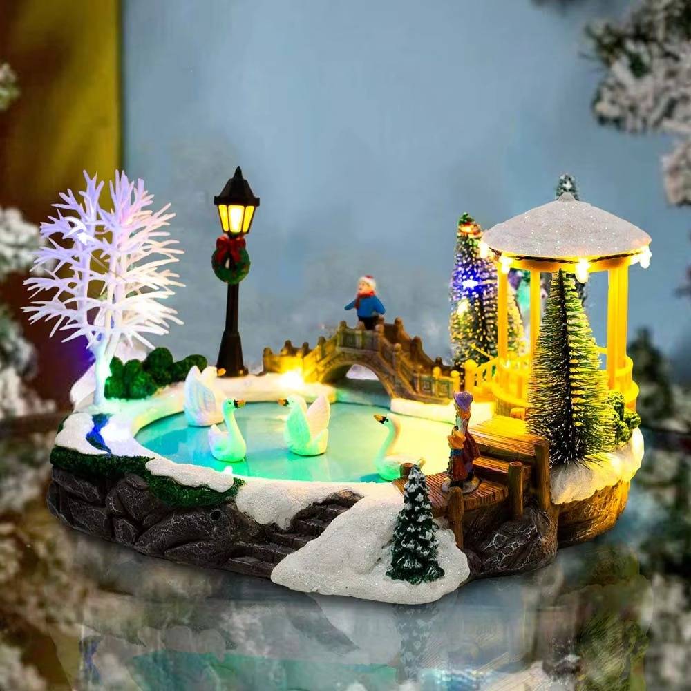 Christmas Village Decoration with LED Lights, Swans on Ice Pond, Snowy Bridge Pine Trees Figurines Winter Holiday Table Ornament