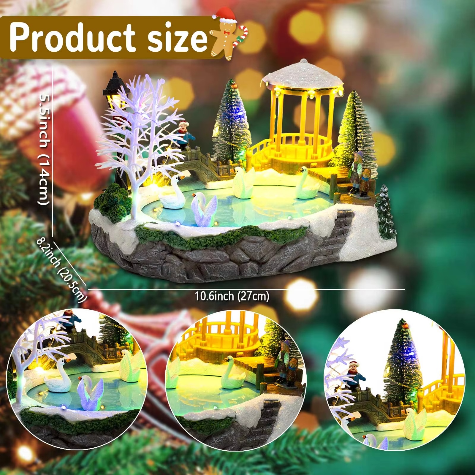 Christmas Village Decoration with LED Lights, Swans on Ice Pond, Snowy Bridge Pine Trees Figurines Winter Holiday Table Ornament