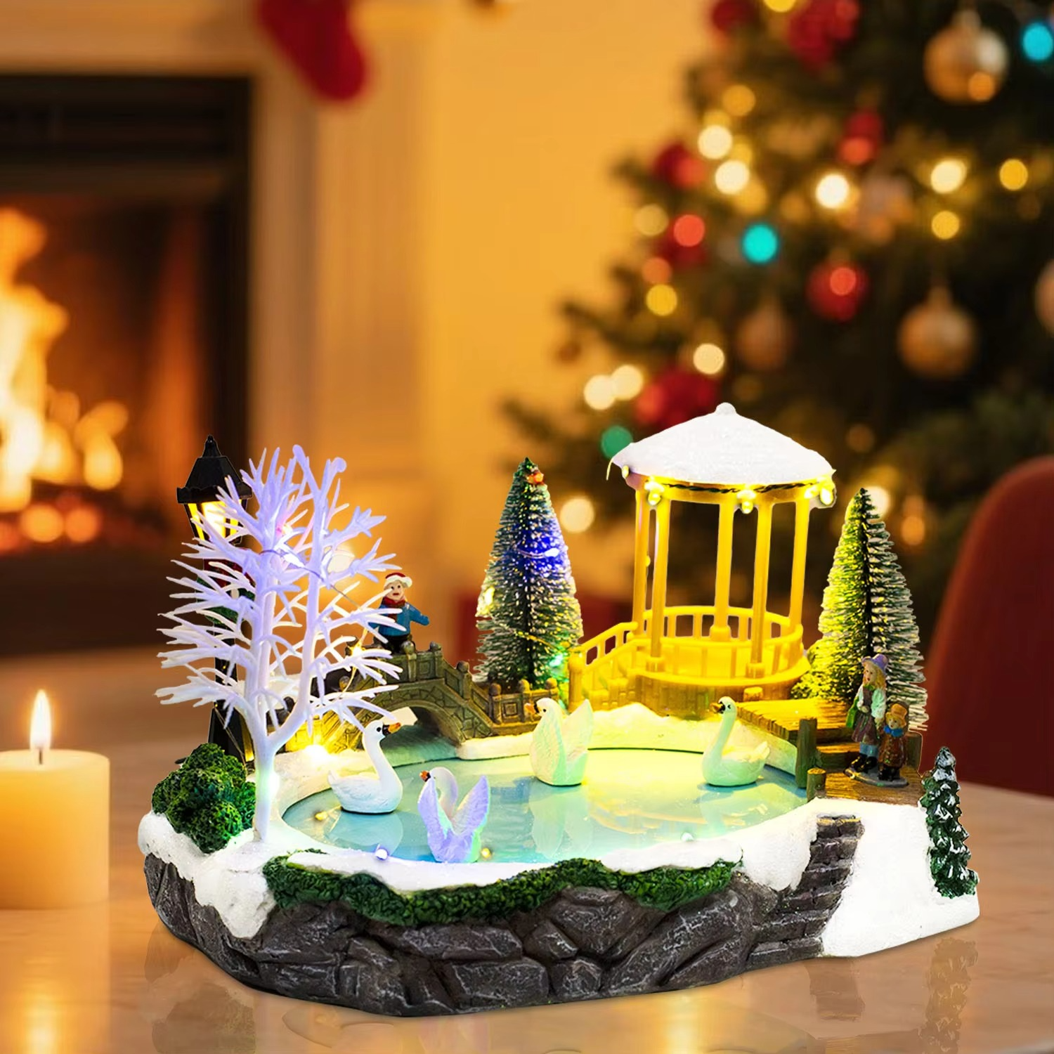 Christmas Village Decoration with LED Lights, Swans on Ice Pond, Snowy Bridge Pine Trees Figurines Winter Holiday Table Ornament