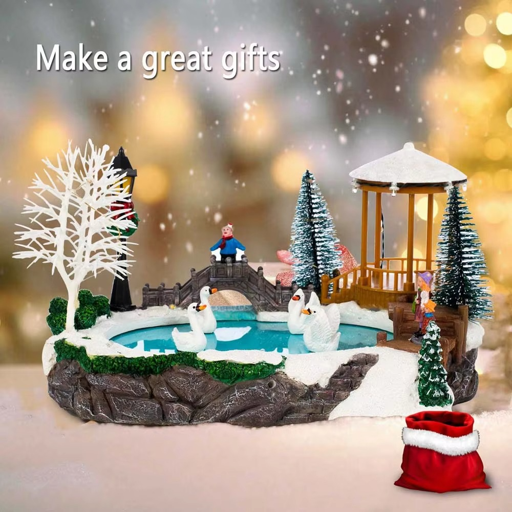 Christmas Village Decoration with LED Lights, Swans on Ice Pond, Snowy Bridge Pine Trees Figurines Winter Holiday Table Ornament