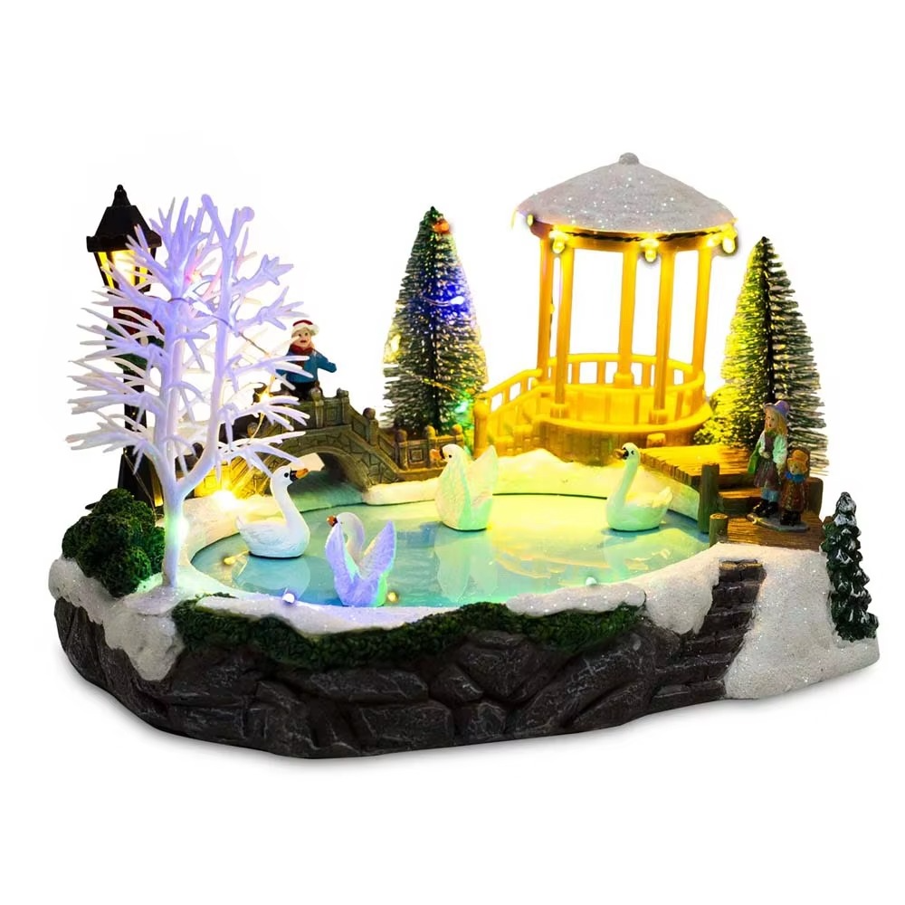 Christmas Village Decoration with LED Lights, Swans on Ice Pond, Snowy Bridge Pine Trees Figurines Winter Holiday Table Ornament