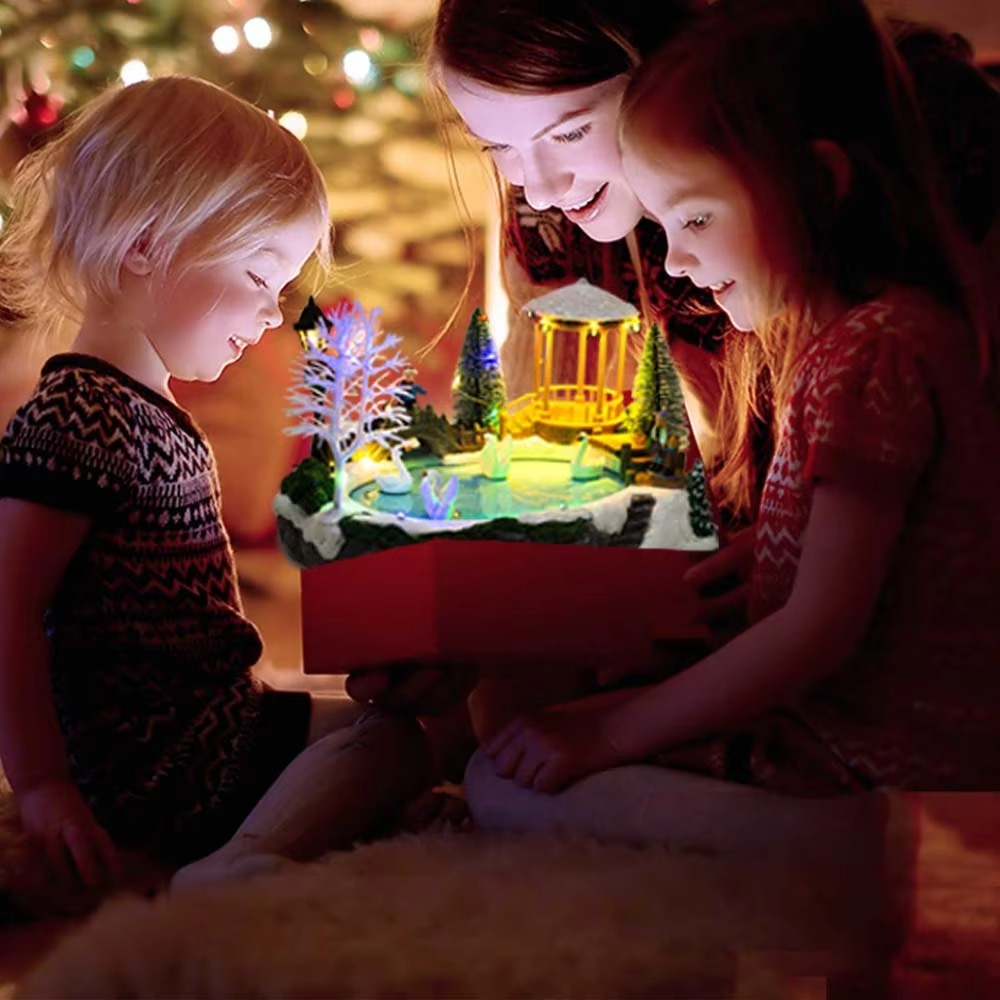 Christmas Village Decoration with LED Lights, Swans on Ice Pond, Snowy Bridge Pine Trees Figurines Winter Holiday Table Ornament