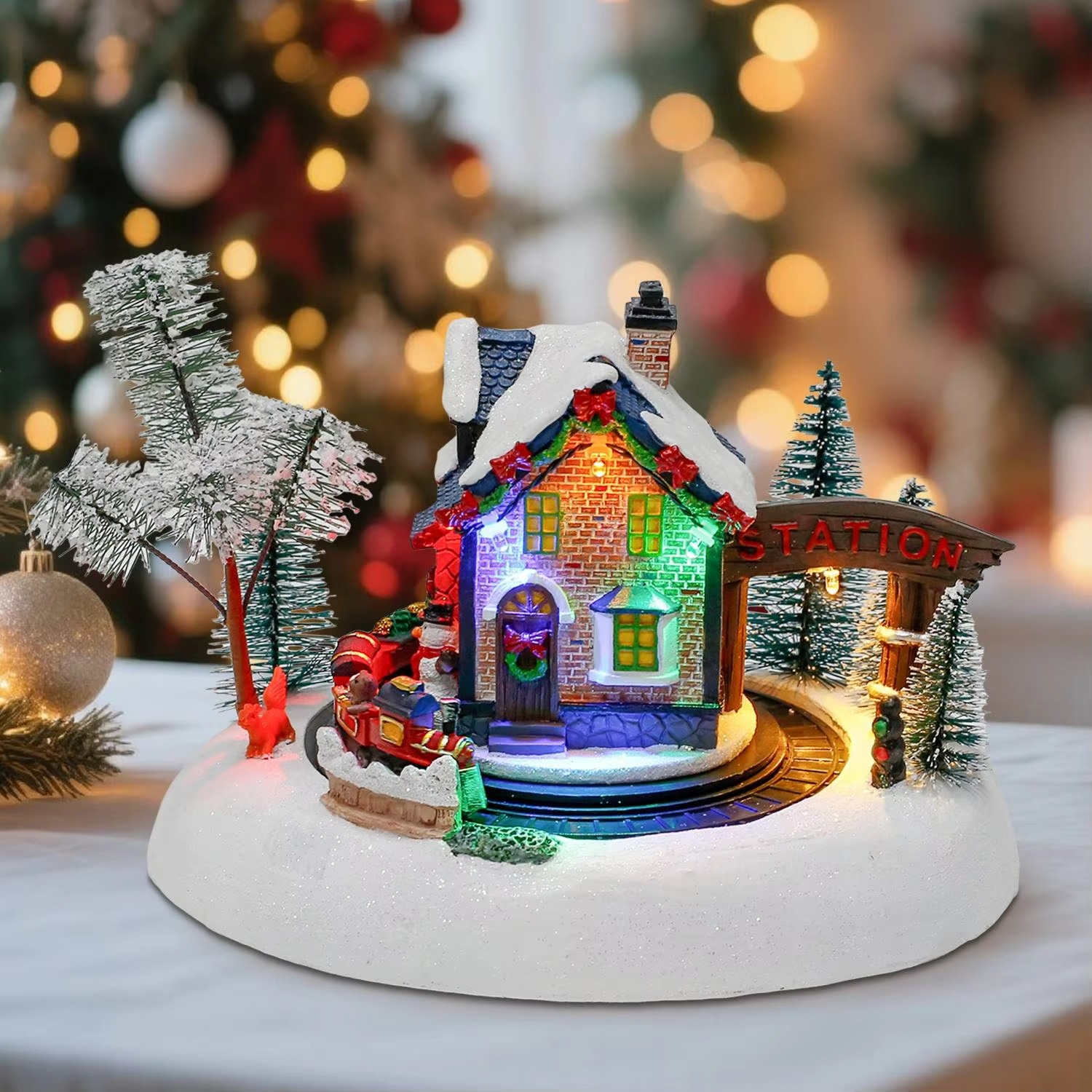 Animation Christmas Village Train Station Pre-lit Resin Collectible Building Figurine with Rotating Train Indoor Christmas Scene