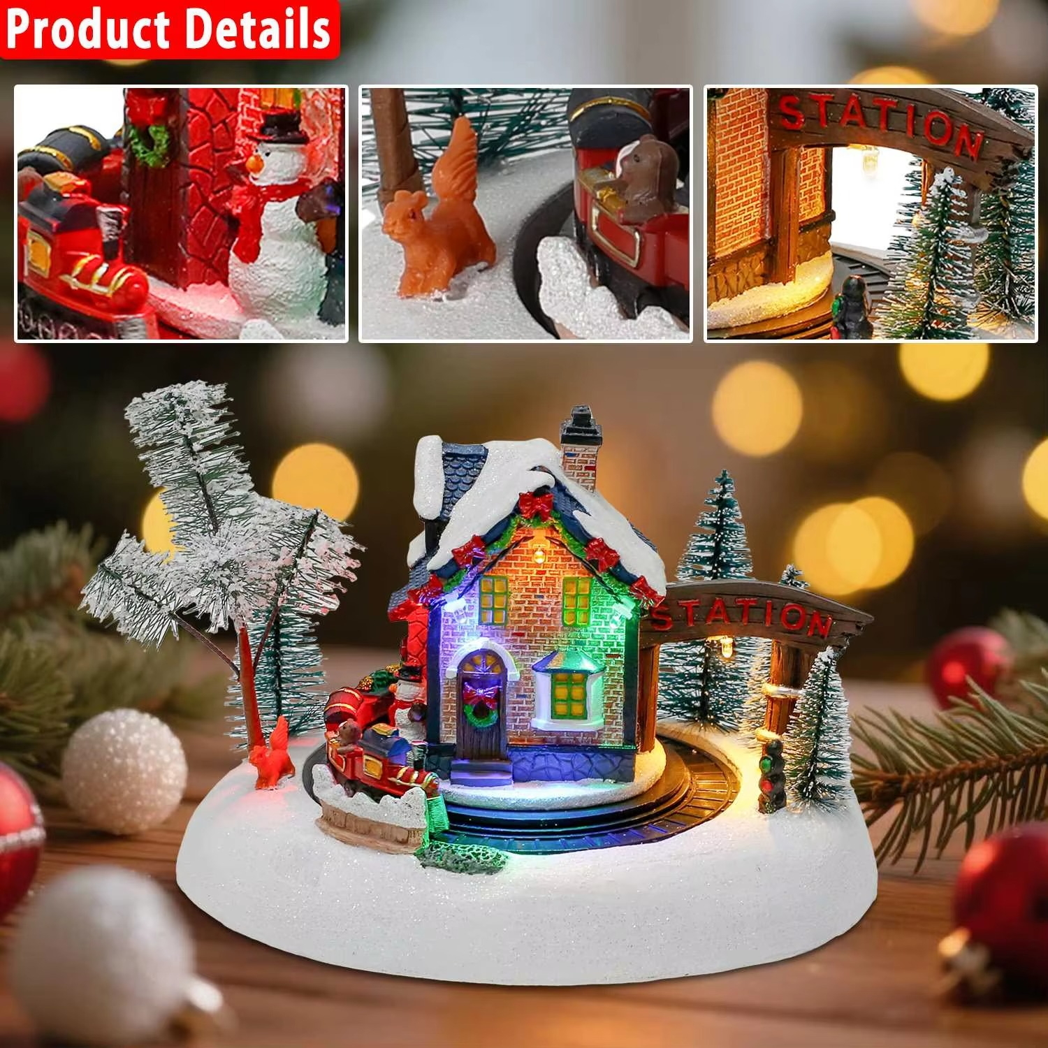 Animation Christmas Village Train Station Pre-lit Resin Collectible Building Figurine with Rotating Train Indoor Christmas Scene