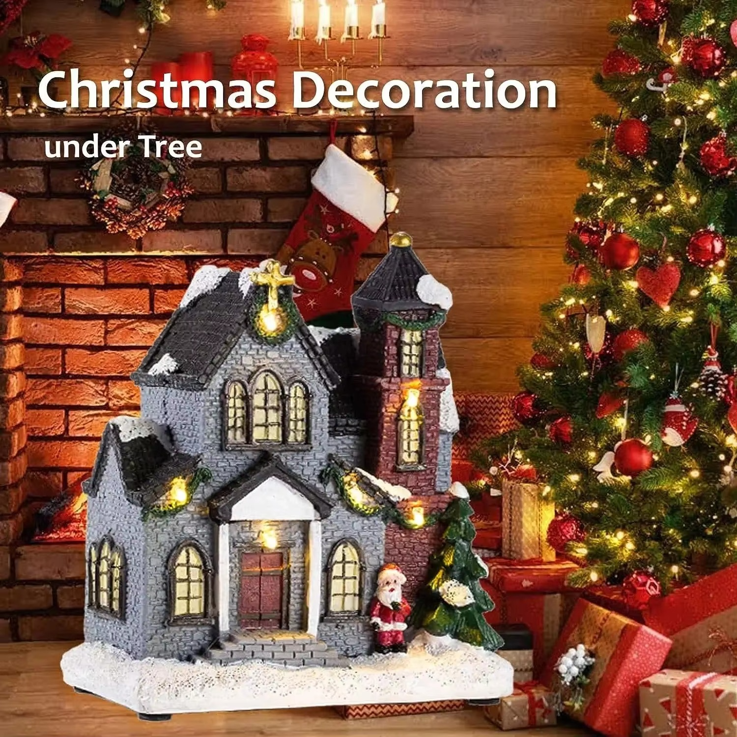 Resin Christmas Church Village Lit Houses LED Lighted Collectible Building Figurines Home Desk Fireplace Decor Holiday Gifts
