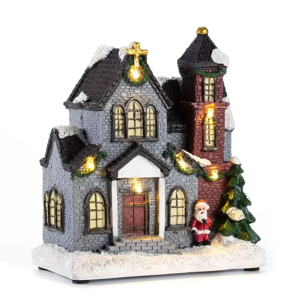 Resin Christmas Church Village Lit Houses LED Lighted Collectible Building Figurines Home Desk Fireplace Decor Holiday Gifts