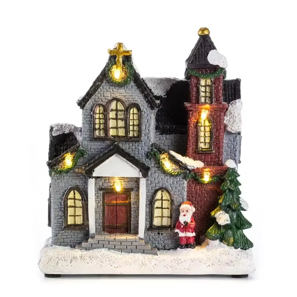 Resin Christmas Church Village Lit Houses LED Lighted Collectible Building Figurines Home Desk Fireplace Decor Holiday Gifts
