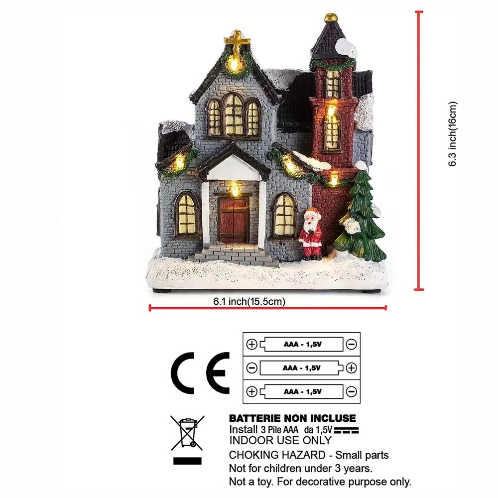 Resin Christmas Church Village Lit Houses LED Lighted Collectible Building Figurines Home Desk Fireplace Decor Holiday Gifts