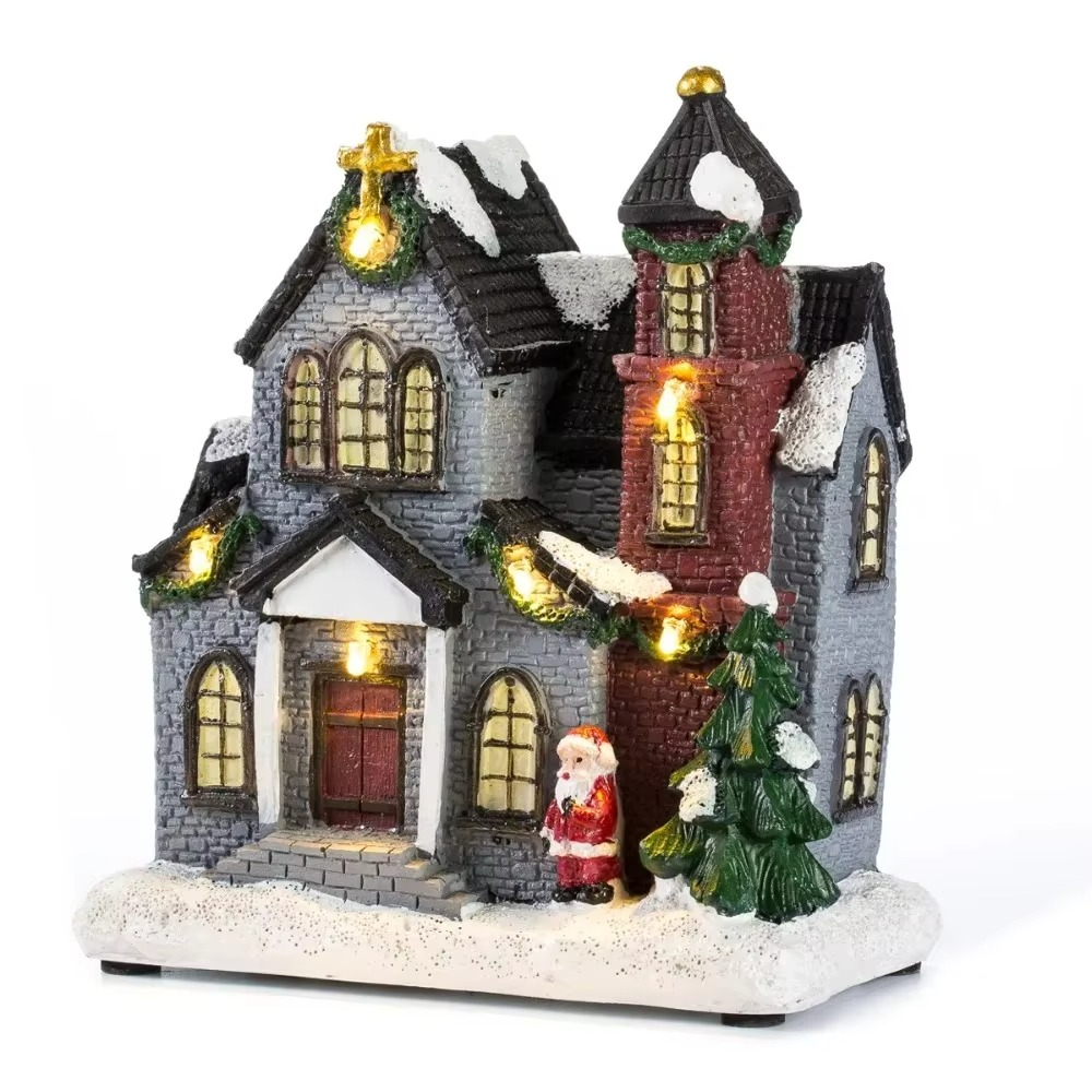 Resin Christmas Church Village Lit Houses LED Lighted Collectible Building Figurines Home Desk Fireplace Decor Holiday Gifts