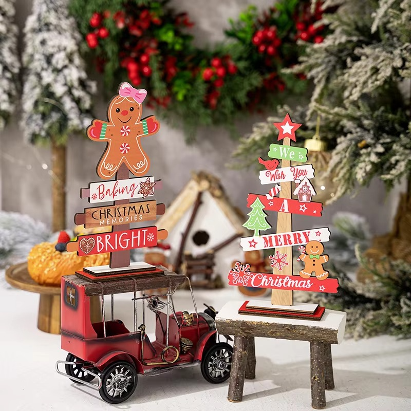 2pcs Christmas Tree Snowman Decorations for Home, Tabletop, Wooden Xmas Ornaments for Party Tiered Tray Desk Decor