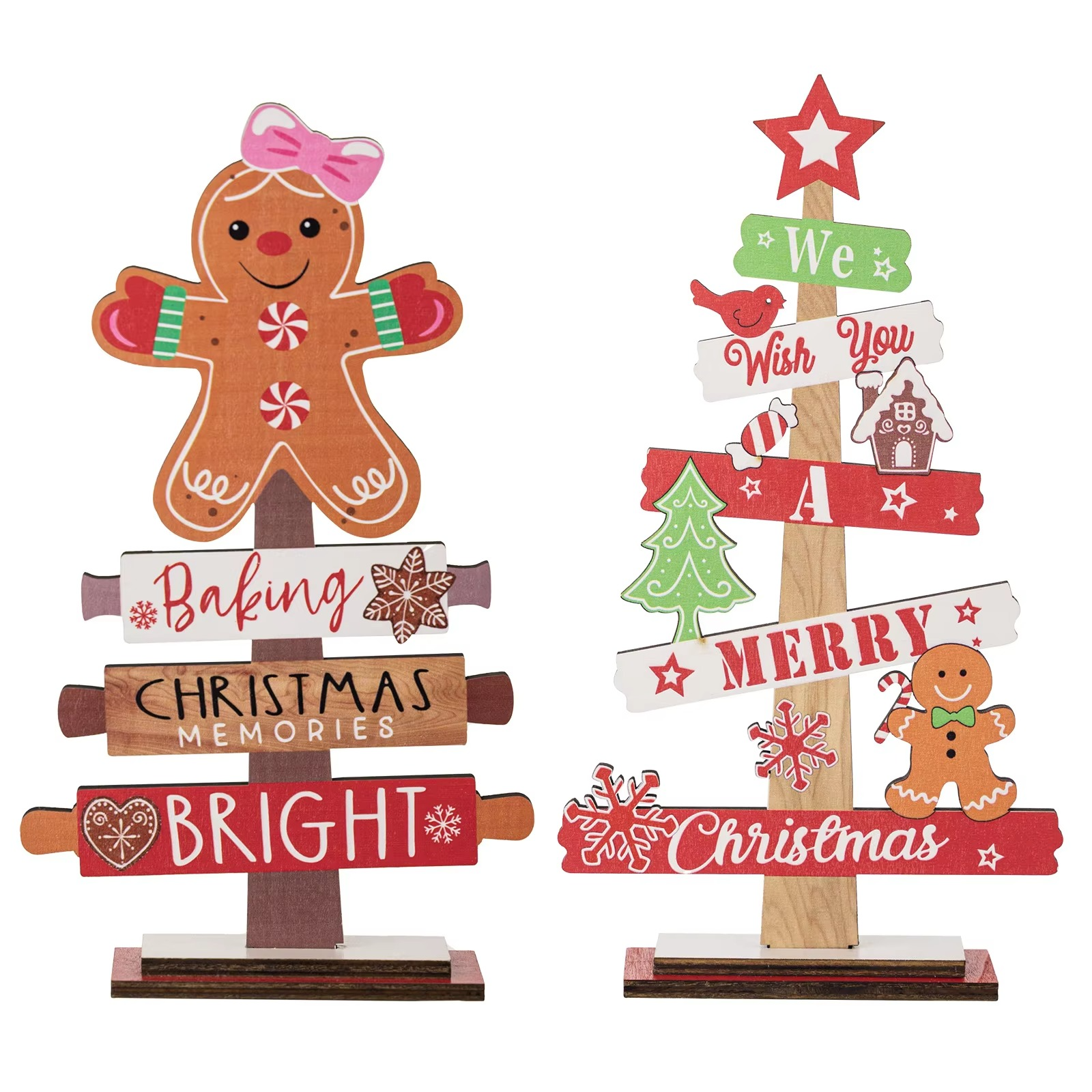 2pcs Christmas Tree Snowman Decorations for Home, Tabletop, Wooden Xmas Ornaments for Party Tiered Tray Desk Decor