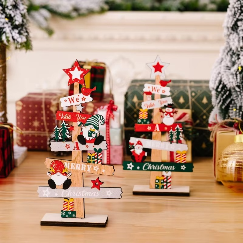 2pcs Christmas Tree Decorations for Home, Tabletop, Wooden Xmas Ornaments for Office Party Tiered Tray Desk Decor 「BOHU」