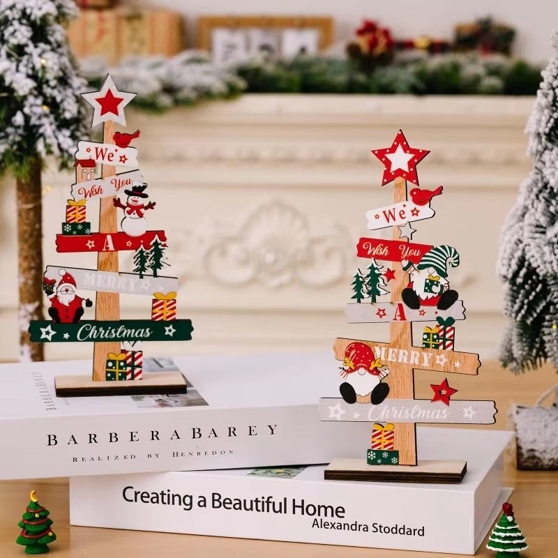 2pcs Christmas Tree Decorations for Home, Tabletop, Wooden Xmas Ornaments for Office Party Tiered Tray Desk Decor 「BOHU」