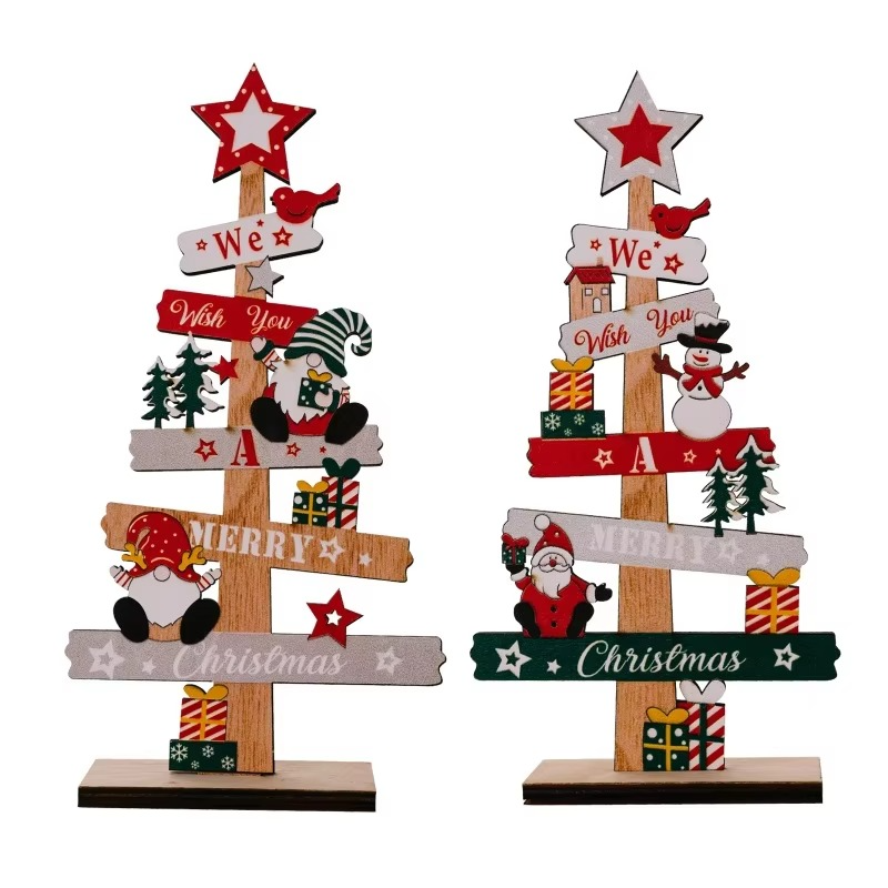 2pcs Christmas Tree Decorations for Home, Tabletop, Wooden Xmas Ornaments for Office Party Tiered Tray Desk Decor 「BOHU」