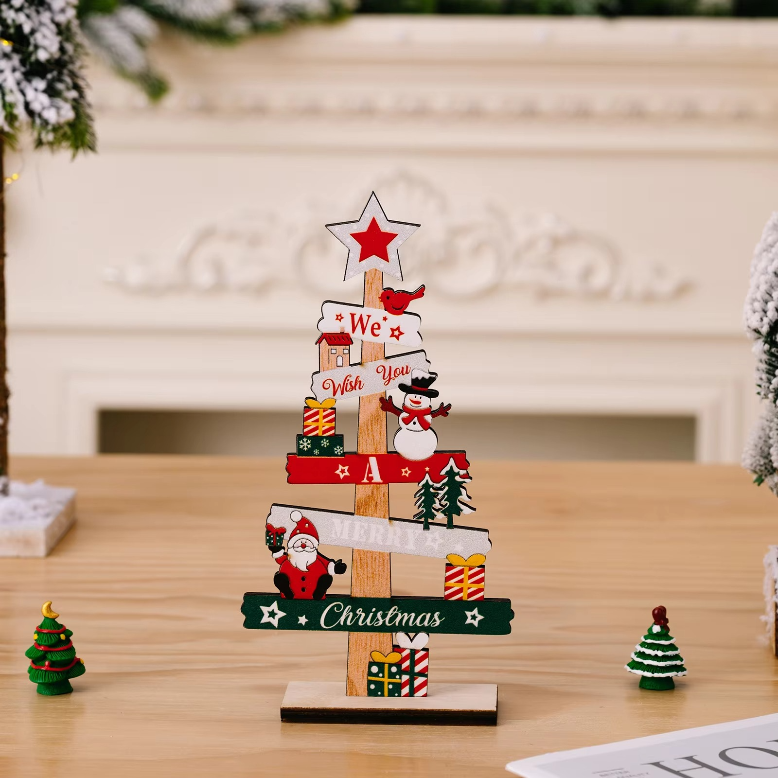 2pcs Christmas Tree Decorations for Home, Tabletop, Wooden Xmas Ornaments for Office Party Tiered Tray Desk Decor 「BOHU」