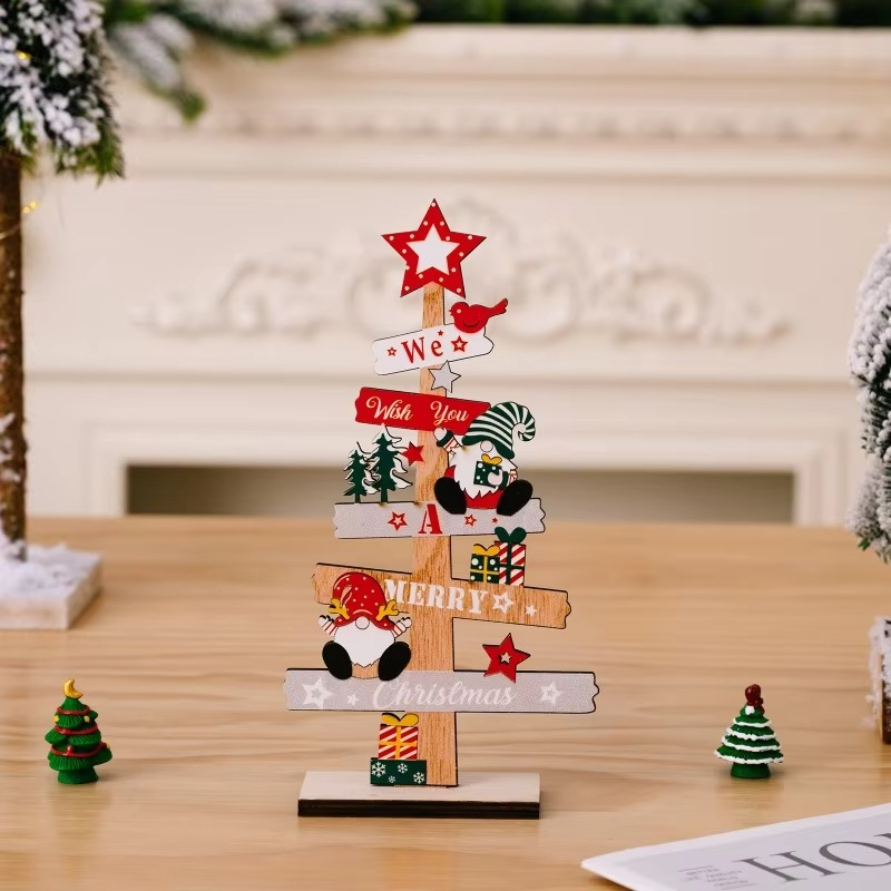 2pcs Christmas Tree Decorations for Home, Tabletop, Wooden Xmas Ornaments for Office Party Tiered Tray Desk Decor 「BOHU」