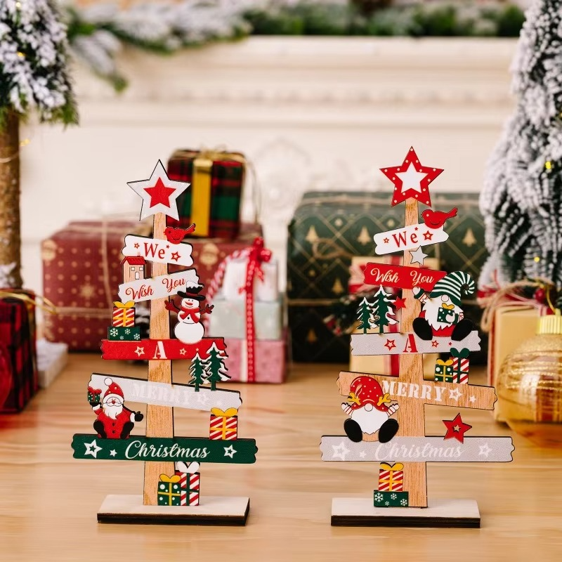 2pcs Christmas Tree Decorations for Home, Tabletop, Wooden Xmas Ornaments for Office Party Tiered Tray Desk Decor 「BOHU」