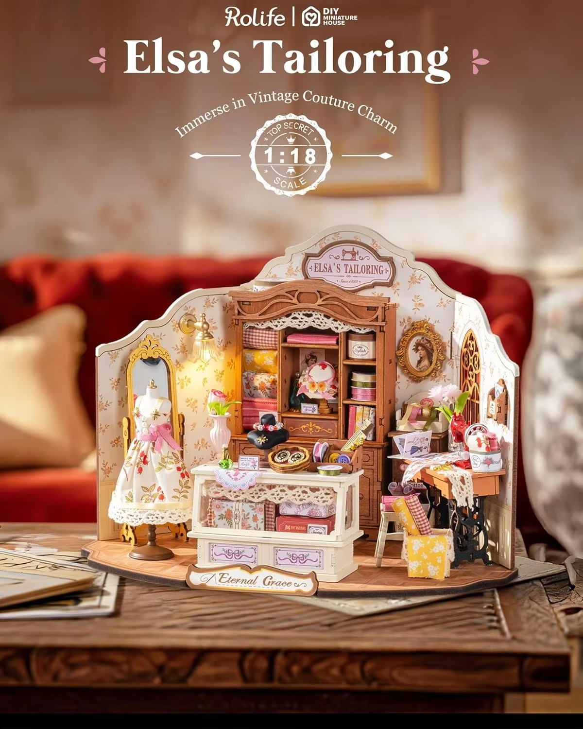 Robotime DIY Miniature House Kit Elsa's Tailoring 1:18 Scale Dollhouse Building Kit Antique Bookshelf Display Crafts for Adults