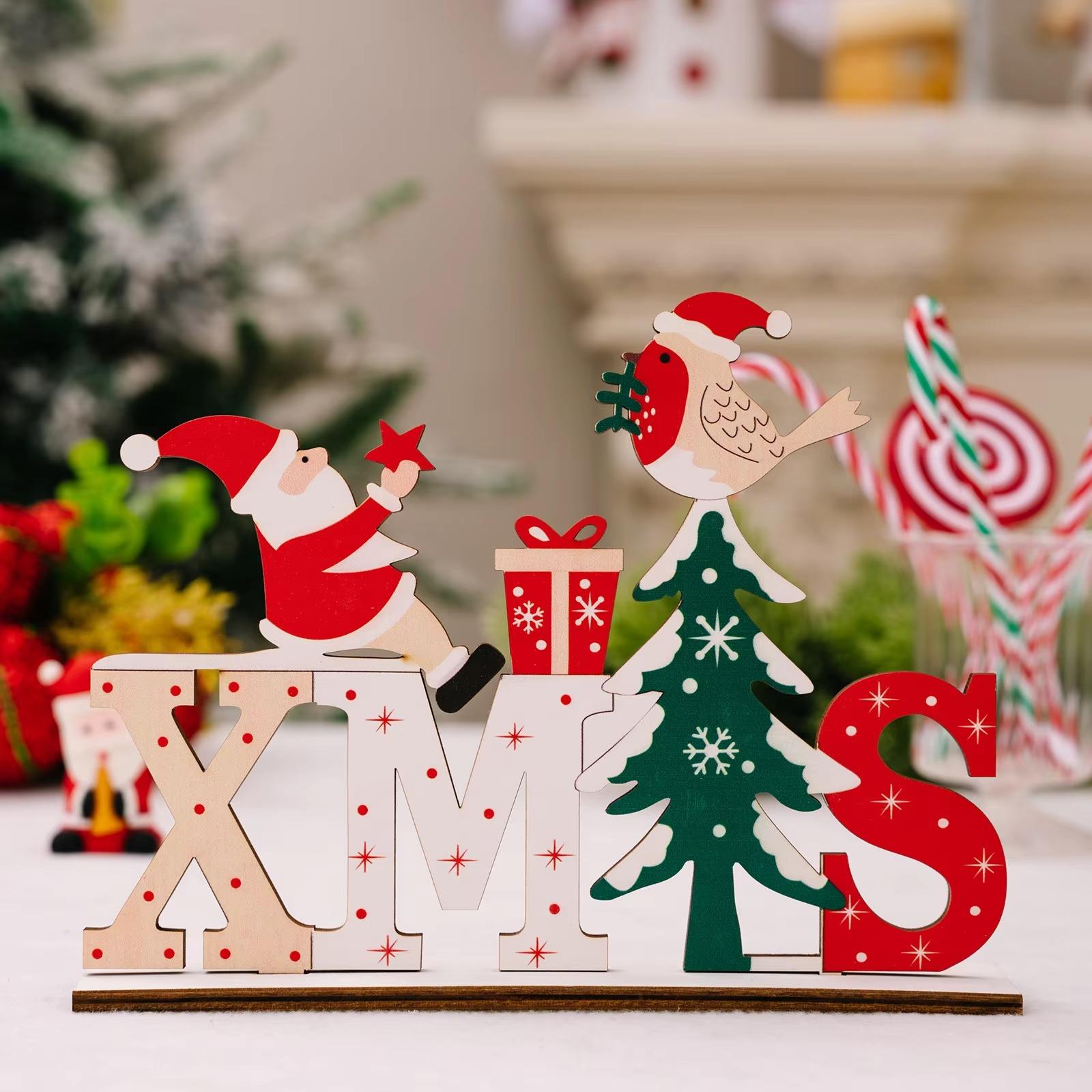 4PCS Christmas Table Centerpiece Decoration,Wooden Xmas Snowman Santa Claus Table Decor Signs for Holiday Home Party Ornament